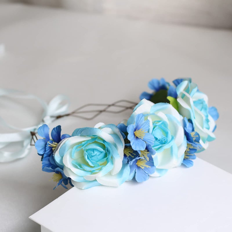 Vivivalue Rose Flower Crown Boho Flower Headband Hair Wreath Floral Headpiece Halo with Ribbon Wedding Party Festival Photos Blue - Image 3